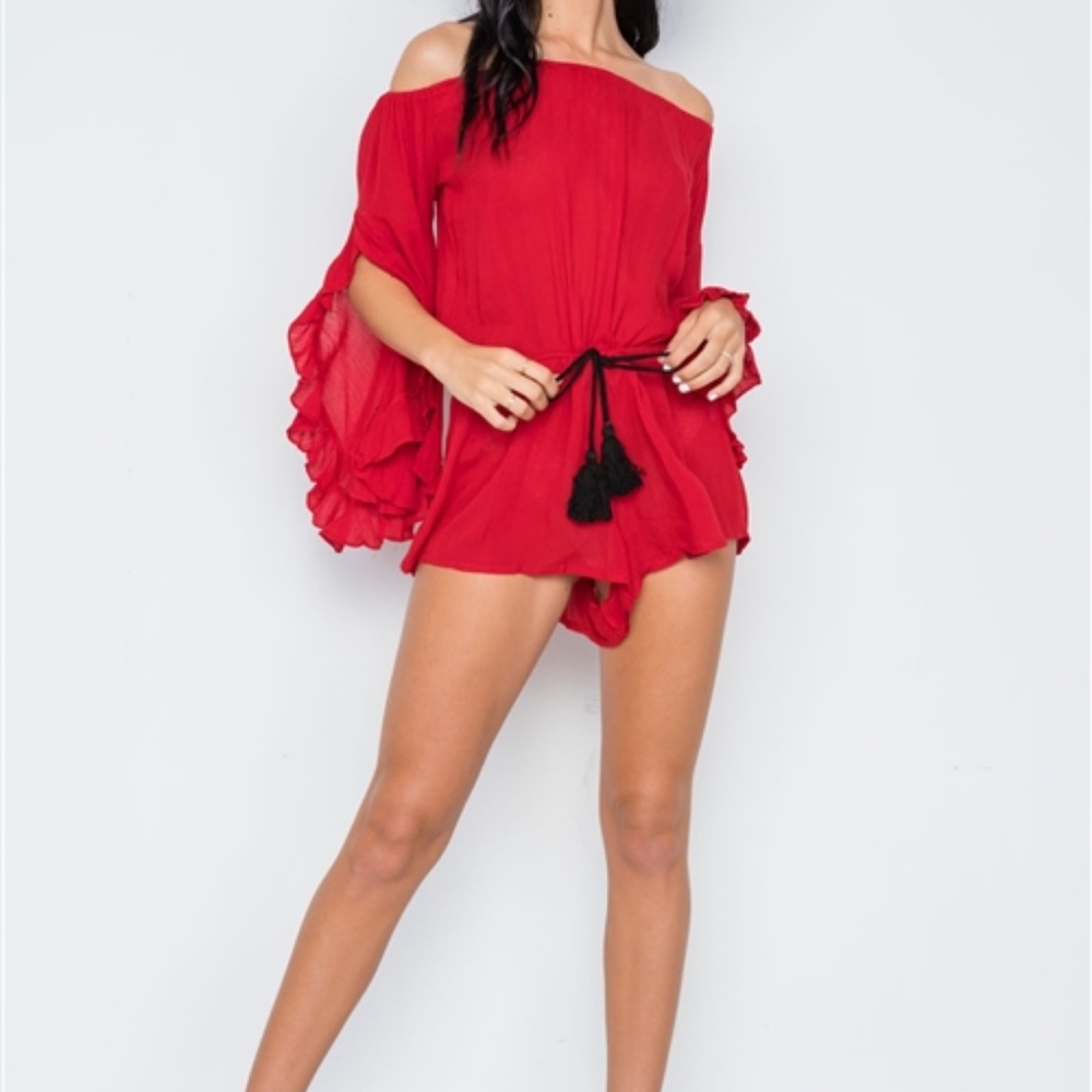 RED OFF-THE-SHOULDER RUFFLE SLEEVES ROMPER - Picture 3 of 5